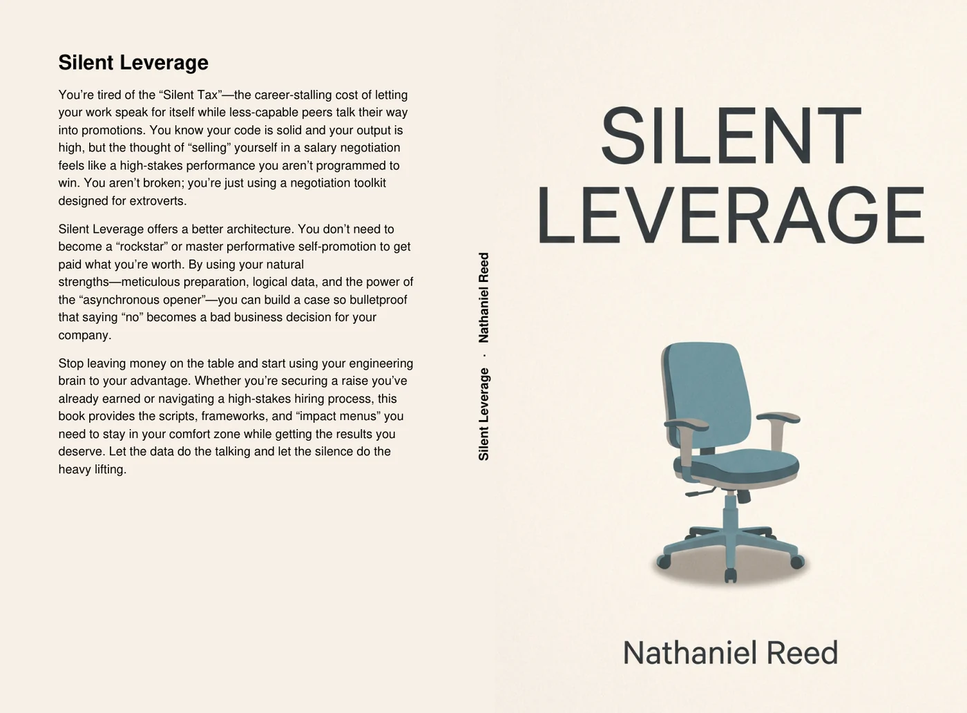 Full KDP paperback cover of Silent Leverage: back cover text, spine with title and author, and a cream front cover with a single office chair under the title